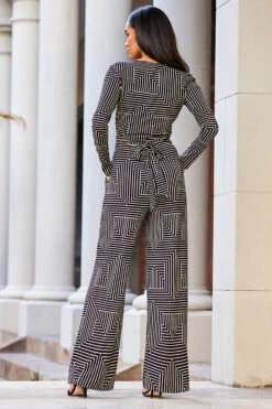 Black & White Geometric Print Wrap Front Wide Leg Jumpsuit With Pockets -Opal & Oak Store web 09 a20jj004nege01 132 rt