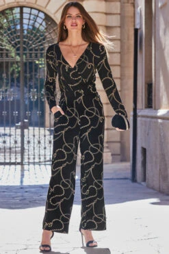 Black & Gold Chain Print Wrap Front Wide Leg Jumpsuit With Pockets -Opal & Oak Store web 100 a20jj004 045