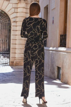 Black & Gold Chain Print Wrap Front Wide Leg Jumpsuit With Pockets -Opal & Oak Store web 100 a20jj004 141
