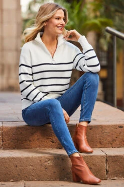 Ivory & Navy Stripe Half Zip Jumper -Opal & Oak Store web 105 s22tk502bewe 007