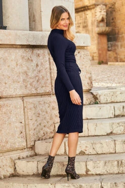Navy Blue Belted Knitted Midi Dress -Opal & Oak Store web 10 s22dk009rd 105 navy rt