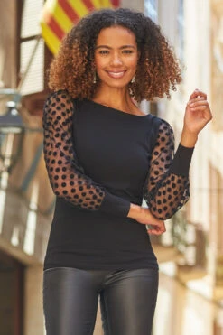 Black Polka Dot Mesh Sleeve Detail Jersey Top