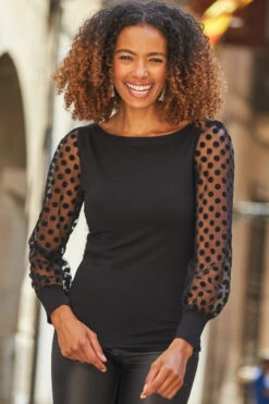 Black Polka Dot Mesh Sleeve Detail Jersey Top -Opal & Oak Store web 111 a22tj057bk0001 074