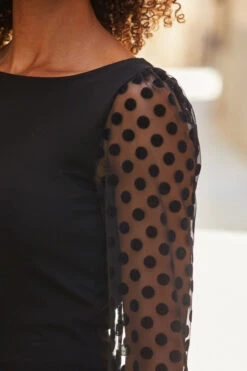 Black Polka Dot Mesh Sleeve Detail Jersey Top -Opal & Oak Store web 111 a22tj057bk0001 200