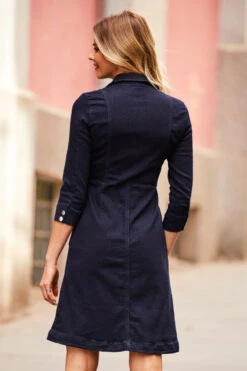Dark Indigo Popper Front 3/4 Sleeve Stretch Denim Dress -Opal & Oak Store web 115 s19ds142io 166