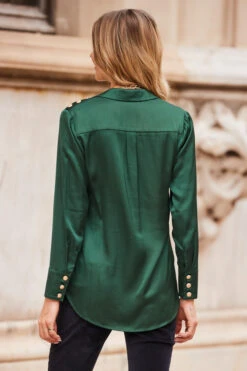 Emerald Green Luxe Satin Shirt With Gold Button Detail -Opal & Oak Store web 11 aow014bk0001 atw056gn003 a0bd008bk0001 017 1
