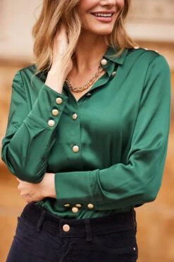 Emerald Green Luxe Satin Shirt With Gold Button Detail -Opal & Oak Store web 11 aow014bk0001 atw056gn003 a0bd008bk0001 04 1
