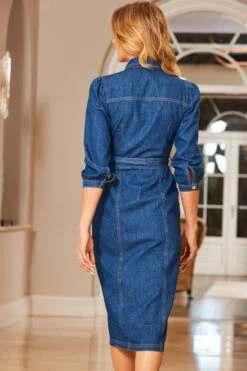 Mid Blue Denim Belted Popper Front Dress With Pockets -Opal & Oak Store web 12 s23dd012be0010 084