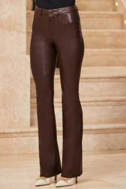 Chocolate Brown Faux Leather Button Front Kick Flare Trousers -Opal & Oak Store web 13 s23tk905mc0003 120