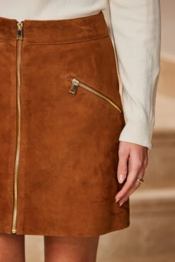 Tan Suede Zip Front A-Line Skirt -Opal & Oak Store web 14 s23sl004bn0006 s23od004io005w 091