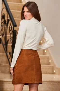 Tan Suede Zip Front A-Line Skirt -Opal & Oak Store web 14 s23sl004bn0006 s23od004io005w 113