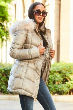 Stone Metallic Padded Coat With Fur Hood -Opal & Oak Store web 18 a22ow013st0001 129