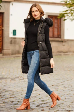 Black Faux Fur Trim Longline Tie Waist Padded Gilet