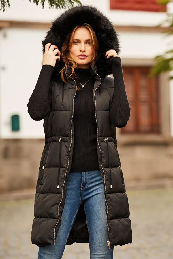 Black Faux Fur Trim Longline Tie Waist Padded Gilet 5 Black Faux Fur Trim Longline Tie Waist Padded Gilet - Image 5
