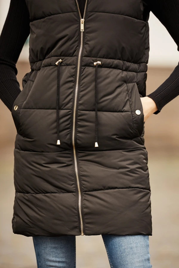 Black Faux Fur Trim Longline Tie Waist Padded Gilet 4 Black Faux Fur Trim Longline Tie Waist Padded Gilet - Image 4