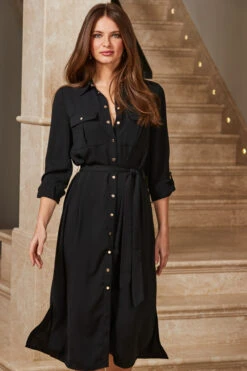 Black Belted Midi Shirt Dress -Opal & Oak Store web 18 s23dw012bk0001 050 1