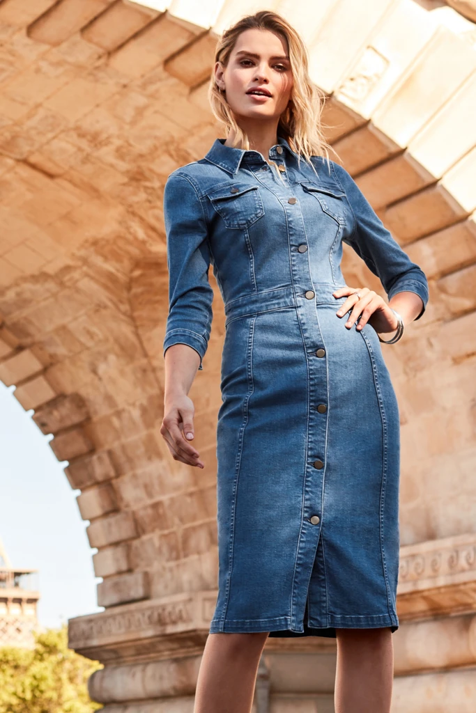 Blue Popper Front Pencil Denim Dress 2 Blue Popper Front Pencil Denim Dress - Image 2