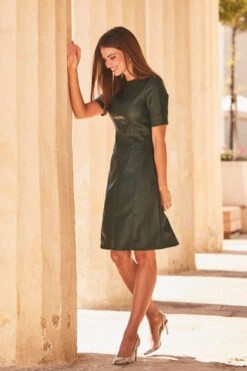 Dark Green Leather Look Panelled Shift Dress -Opal & Oak Store web 2020 03 11 sosandar malta shot 43 01651