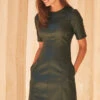 Dark Green Leather Look Panelled Shift Dress