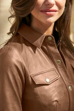 Tan Leather Popper Front Dress -Opal & Oak Store web 20 a21dl003 160 tan rt