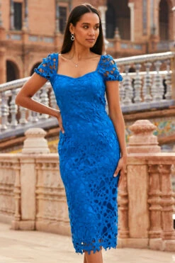 Cobalt Blue Luxe Lace Detail Pencil Dress
