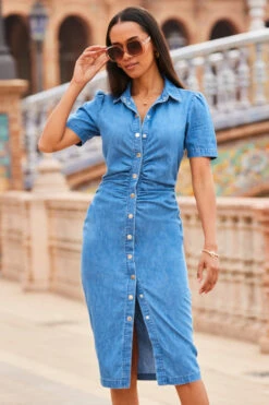 Mid Blue Ruched Waist Popper Front Denim Dress -Opal & Oak Store web 2303 079 s23dd024be0010 079 080