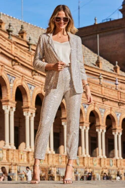 Champagne Gold Sequin Tapered Trousers -Opal & Oak Store web 2303 16 a22bw014cm0003 16 0163