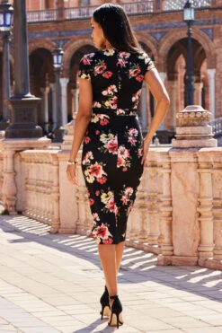 Black Floral Print Faux Wrap Midi Jersey Dress -Opal & Oak Store web 2303 21 s23dj138bkfl01 21 0325