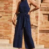 Navy Blue & Gold Spot Print Halter Neck Jumpsuit