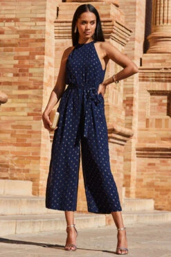 Navy Blue & Gold Spot Print Halter Neck Jumpsuit