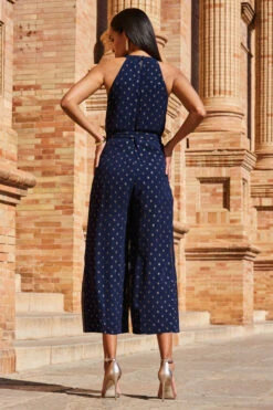 Navy Blue & Gold Spot Print Halter Neck Jumpsuit -Opal & Oak Store web 2303 27 s23jw024nasp01 27 0199 1