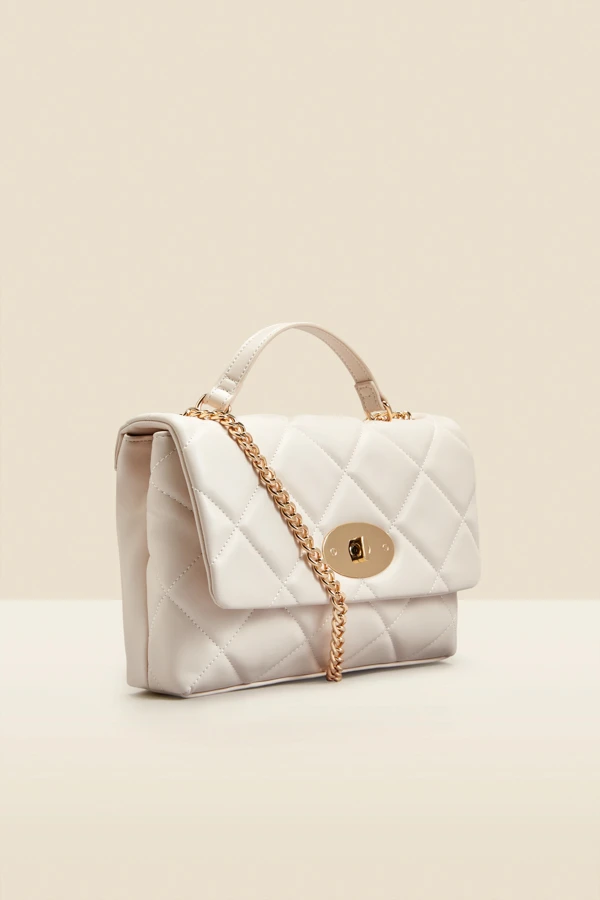 Ivory Faux Leather Quilted Clasp Detail Cross Body Bag 2 Ivory Faux Leather Quilted Clasp Detail Cross Body Bag - Image 2