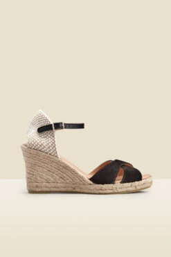Piper Black Suede Ankle Strap Mid Wedge Espadrille -Opal & Oak Store web 2303 box s23fw001bk0001 a