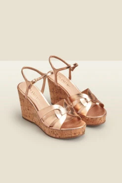 Leia Rose Gold Cross Vamp Leather Cork Wedge Sandal -Opal & Oak Store web 2303 box s23fw034rg0001 b