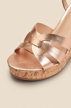 Leia Rose Gold Cross Vamp Leather Cork Wedge Sandal -Opal & Oak Store web 2303 box s23fw034rg0001 d