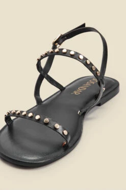 Senorita Black Leather Stud Detail Strappy Flat Sandals -Opal & Oak Store web 2303 boxs23fw023bk0001 c