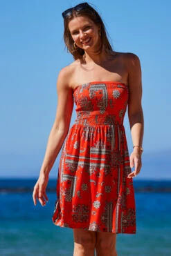 Red Scarf Print Bandeau Sun Jersey Dress -Opal & Oak Store web 2304 98 s23dj165rdcv01 98 336