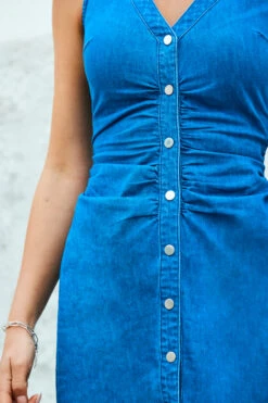 Mid Blue Sleeveless Button Front Ruched Waist Denim Dress -Opal & Oak Store web 2305 49 s23d049be0010 49 118
