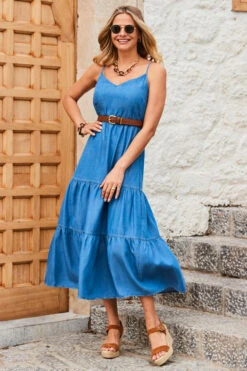 Mid Blue Denim Tiered Midi Dress -Opal & Oak Store web 2305 58 s23dd072be0010 58 037