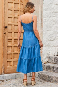 Mid Blue Denim Tiered Midi Dress -Opal & Oak Store web 2305 58 s23dd072be0010 58 147
