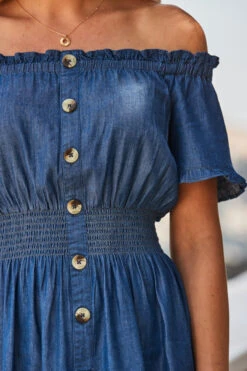 Dark Indigo Shirred Waist Bardot Denim Dress -Opal & Oak Store web 2305 66 s23dd061io003w 66 reshoot 294