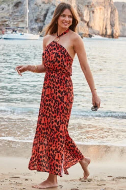 Red Leopard Print Halter Neck Sunshine Dress -Opal & Oak Store web 2305 82 s23rw029ldor01 82 100