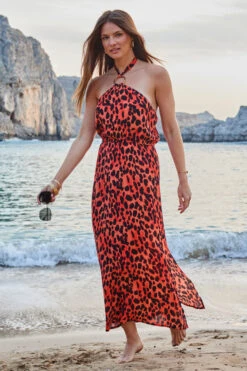 Red Leopard Print Halter Neck Sunshine Dress -Opal & Oak Store web 2305 82 s23rw029ldor01 82 499
