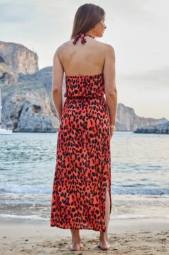 Red Leopard Print Halter Neck Sunshine Dress -Opal & Oak Store web 2305 82 s23rw029ldor01 82 528
