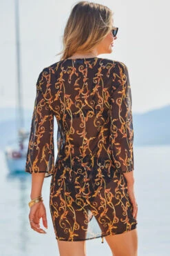 Black & Gold Baroque Print Ruched Front Kaftan -Opal & Oak Store web 2306 35 s23rw028bkcv01 35 224