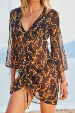Black & Gold Baroque Print Ruched Front Kaftan -Opal & Oak Store web 2306 35 s23rw028bkcv01 35 255