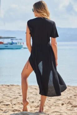 Black Crinkle Angel Sleeve Wrap Beach Dress -Opal & Oak Store web 2306 38 s23dw180bk0001 38 266