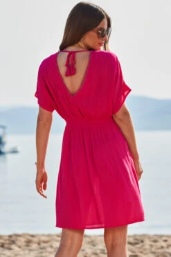 Pink Embroidered Floral Detail Tie Back Beach Kaftan -Opal & Oak Store web 2306 49 s21rw013pk0020 49 275