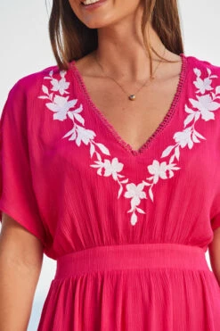 Pink Embroidered Floral Detail Tie Back Beach Kaftan -Opal & Oak Store web 2306 49 s21rw013pk0020 49 286
