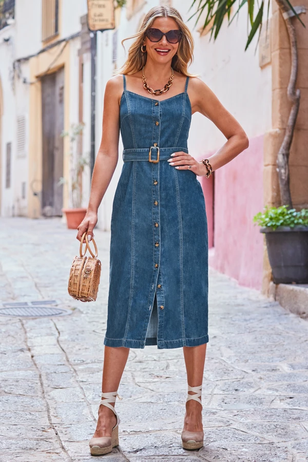 Dark Indigo Button Front Buckle Detail Denim Midi Dress 7 Dark Indigo Button Front Buckle Detail Denim Midi Dress - Image 7